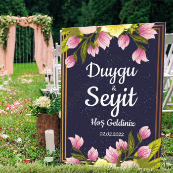 Lacivert Zeminli Çiçek Tasarım Ayaklı Pano online tasarla