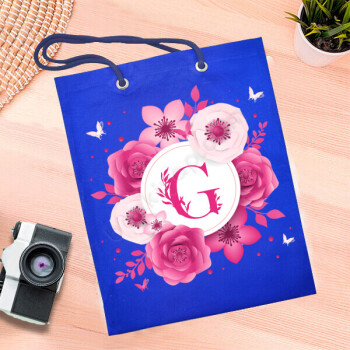 Pembe Çiçek Tasarımlı Mavi Bez Çanta online tasarla