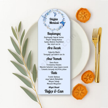 Mavi Kelebekli Kişiye Özel  Oval Düğün Menüsü Kartı online tasarla