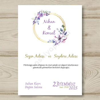 Mor - Pembe Çiçekli Davetiye online tasarla