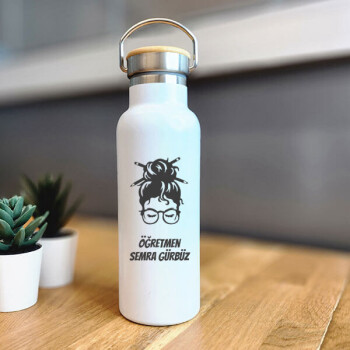 Öğretmene Hediye Bambu Kapak Beyaz Matara Termos online tasarla