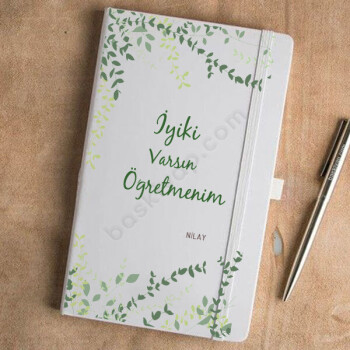 Öğretmene Hediye Beyaz Yaprak Desenli Defter Ajanda online tasarla