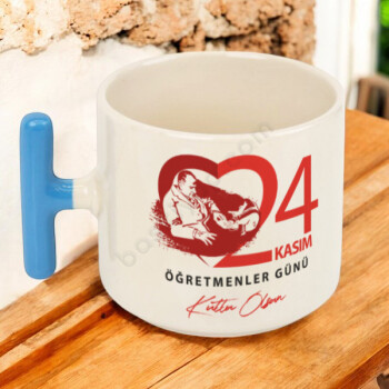Öğretmenler Günü Kişiye Özel Baskılı Mavi Kulplu T Fincan online tasarla