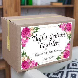 Pembe Çiçek Çerçeveli Çeyiz Etiketi online tasarla