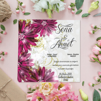 Pembe Çiçekli 15X15 Davetiye online tasarla