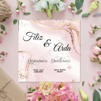 Pembe Fonlu Lame Desenli Düğün Davetiyesi online tasarla