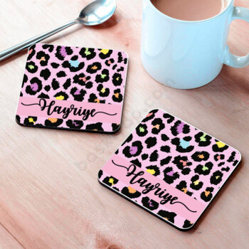 Pembe Leopar Desenli Bardak Altlığı online tasarla