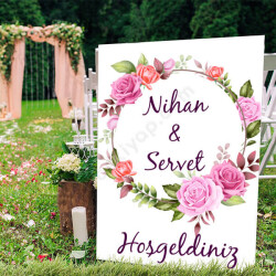 Pembe Yuvarlak Çiçekli Söz/Nişan/Düğün Ayaklı Pano online tasarla