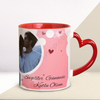 Sevgiliye Özel Pembe Tasarım Kalp Kulplu Kupa Bardak online tasarla