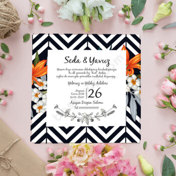 Siyah Beyaz Tasarımlı Düğün Davetiyesi online tasarla