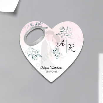 Yapraklı Nişan Hatırası Kişiye Özel Kalp Magnet Açacak online tasarla