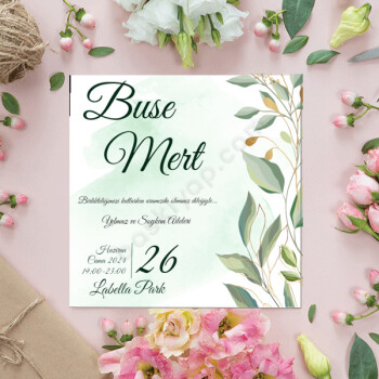 Yeşil Çiçekli Davetiye 15X15 online tasarla
