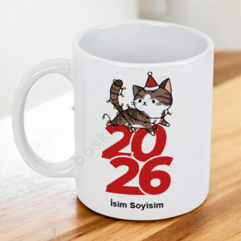 Yılbaşı Kedi Tasarımlı Kupa online tasarla