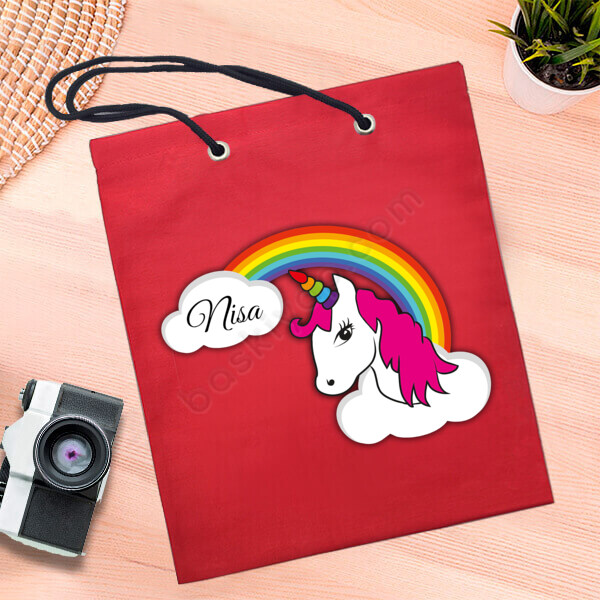 Unicorn Gökkuşağı Tasarımlı Kırmızı Bez Çanta online tasarla
