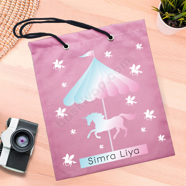 Unicornlu Atlı Karınca Tasarımlı Pembe Bez Çantası online tasarla