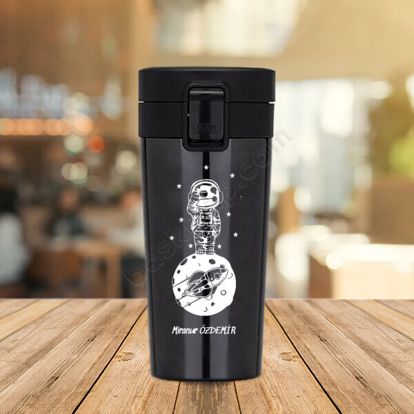 Uzayda Çay Vakumlu Premium Siyah Çelik Termos | Süzgeçli online tasarla