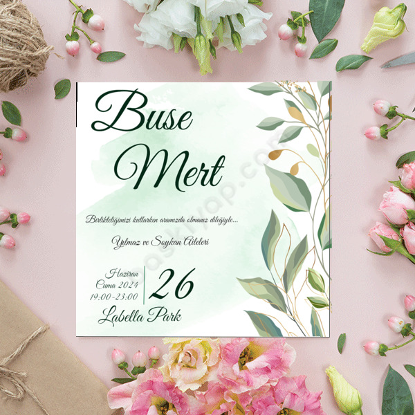 Yeşil Çiçekli Davetiye 15X15 online tasarla