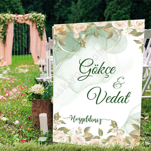 Yeşil Pudra Çiçek Tasarım Ayaklı Pano online tasarla