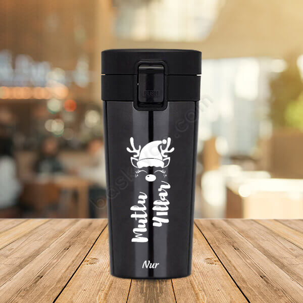 Yılbaşı - Geyik Tasarımlı Siyah Çelik Termos online tasarla