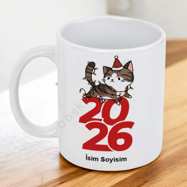 Yılbaşı Kedi Tasarımlı Kupa online tasarla