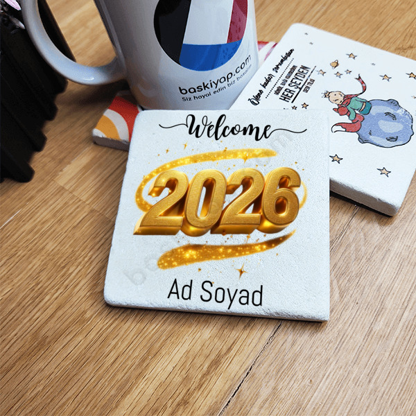 Yılbaşı Temalı Doğal Taş Bardak Altlığı online tasarla