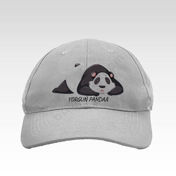 Yorgun Panda Tasarımlı Gri Bez Şapka online tasarla